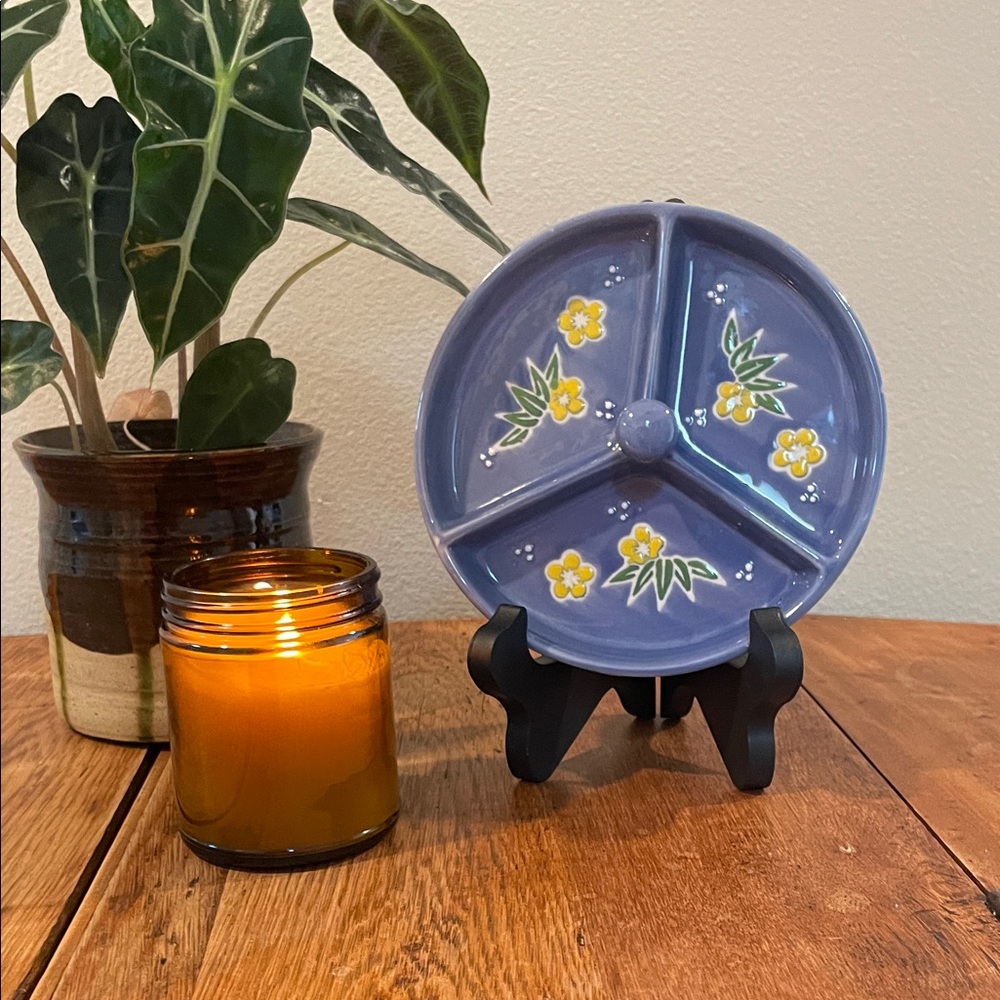 Vintage Mira 3-Section Blue Floral Divided Dish | Hand-Painted Stoneware